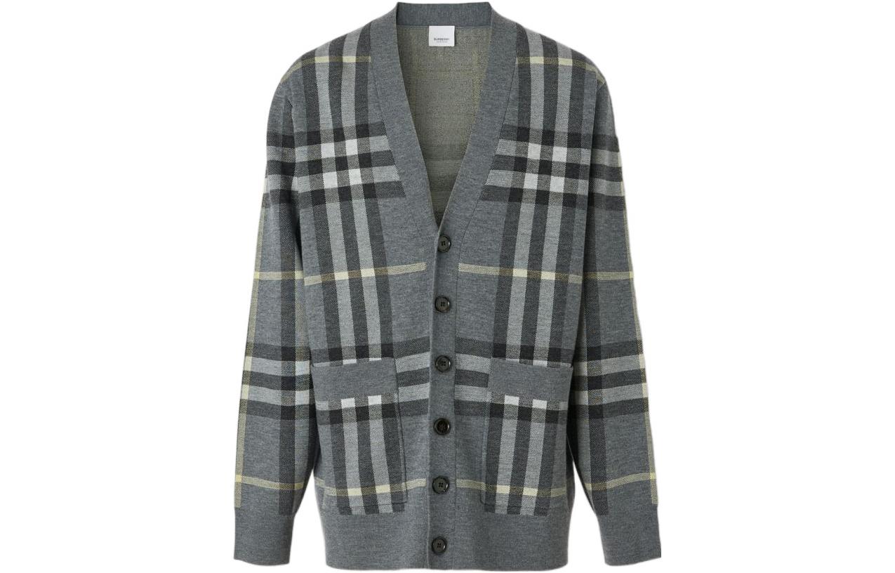 Buy Burberry SS22  Check Wool Cardigan Sweater in Seal Gray. 80496261