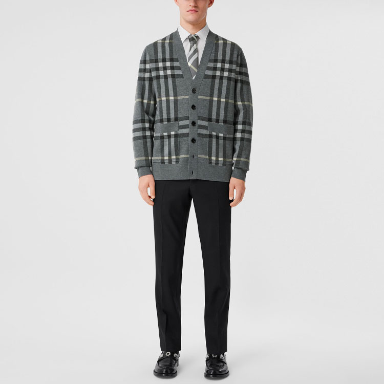 Shop Burberry SS22  Check Wool Cardigan Sweater in Seal Gray. 80496261