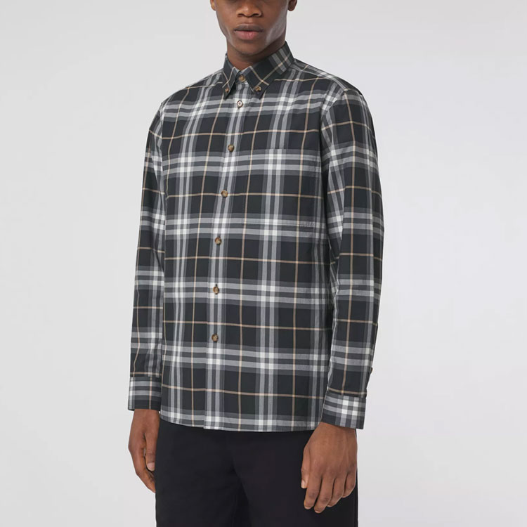 Burberry SS22  Grey Checkered Cotton Long Sleeve Shirt with Buttoned Collar 80481471 圖 5