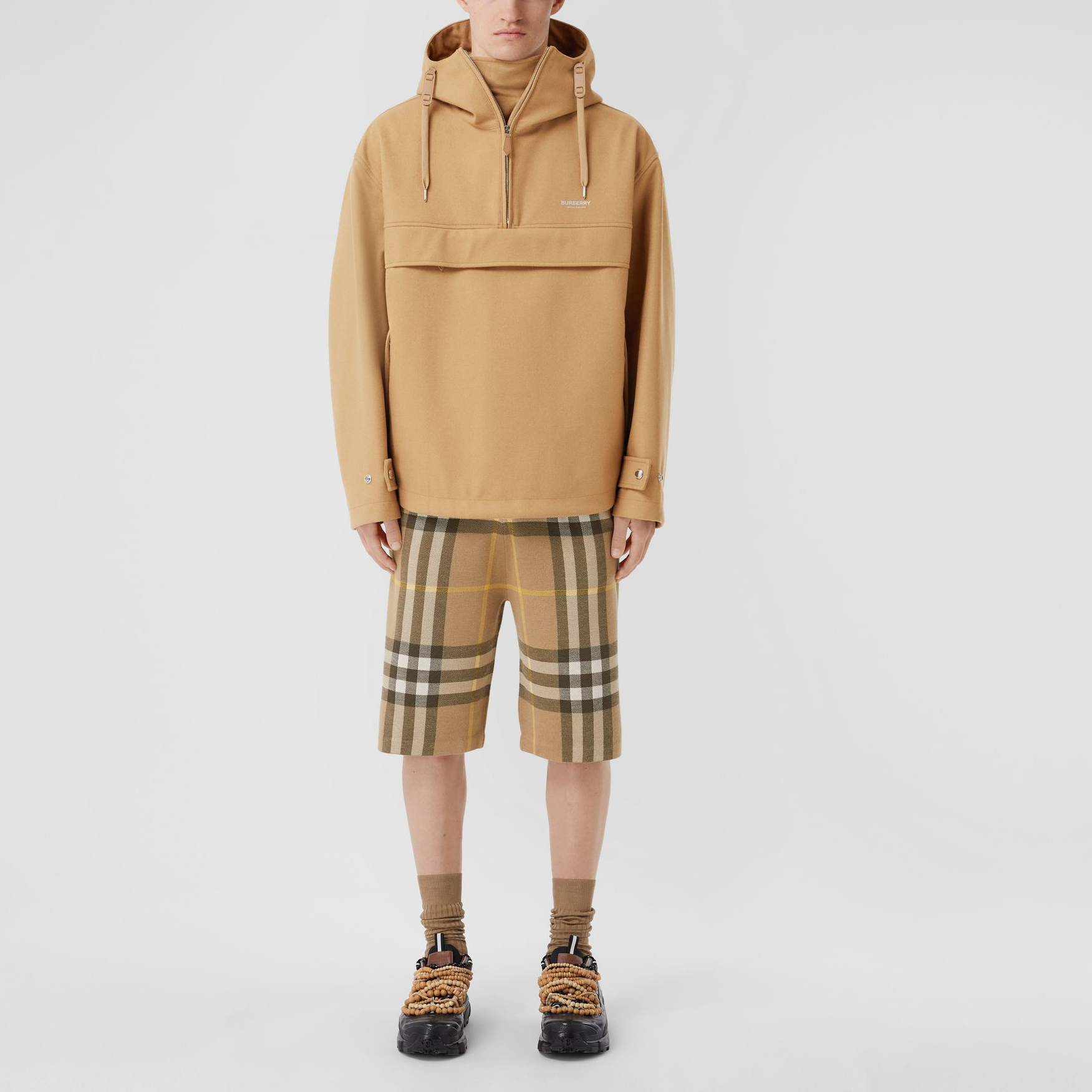 Shop Burberry SS22  Truffle Check Mid-Rise Relaxed Fit Belted Shorts. 80549181