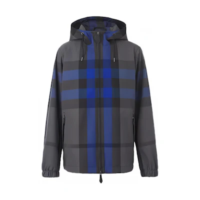 Burberry SS22 Blue Checkered Zip-Up Hooded Drawstring Long-Sleeve Jacket Men 80478251