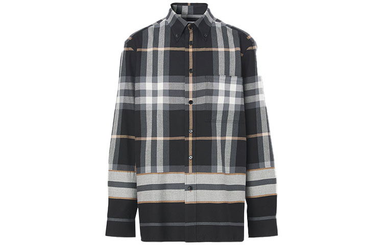 Burberry SS22 Check and Stripe Cotton Long-Sleeve Shirt Black/Grey  Fall Edition 80481461