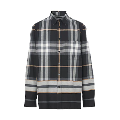 Burberry SS22 Check and Stripe Cotton Long-Sleeve Shirt Black/Grey Fall Edition 80481461