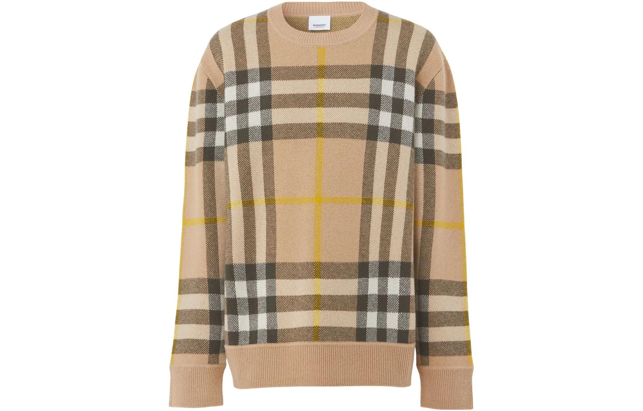 Order Burberry SS22 Crewneck Sweater Lengan Panjang Kotak Coklat Lelaki 80549201