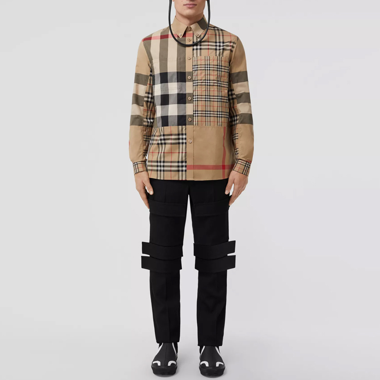 Lookbook Kemeja Burberry SS22 Check Patchwork Lengan Panjang Lelaki Vintage Beige 80521881