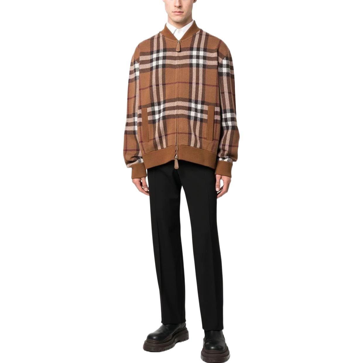 Shop Burberry SS22 Check Print Full-Zip Casual Jacket Brown 80636411