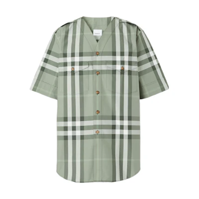 Burberry SS22 Check V-Neck Button-Down Casual Short-Sleeve Shirt Grey-Green Men 80503551