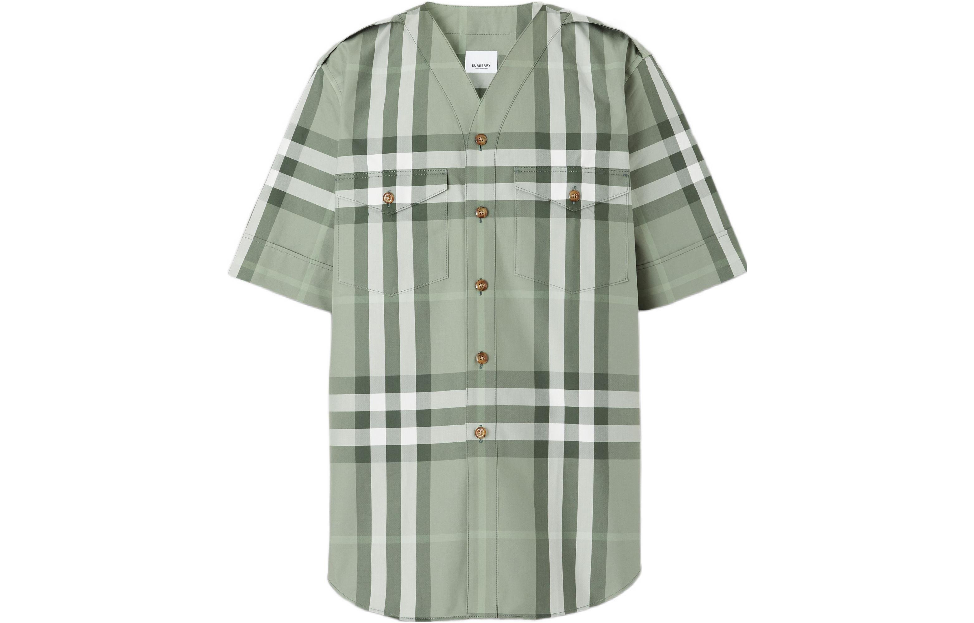 Burberry SS22 Check V-Neck Button-Down Casual Short-Sleeve Shirt Grey-Green Men 80503551 圖 2