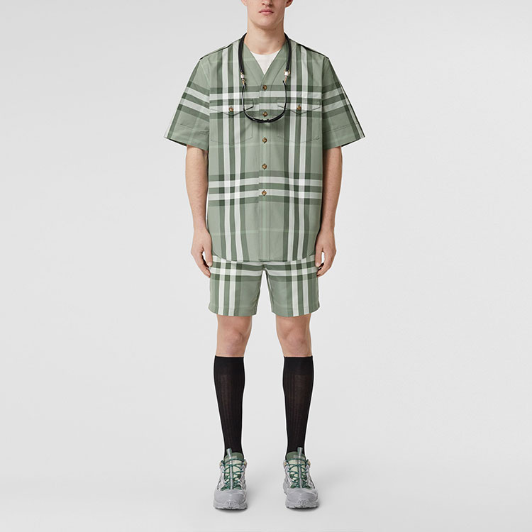 Burberry SS22 Check V-Neck Button-Down Casual Short-Sleeve Shirt Grey-Green Men 80503551 圖 3