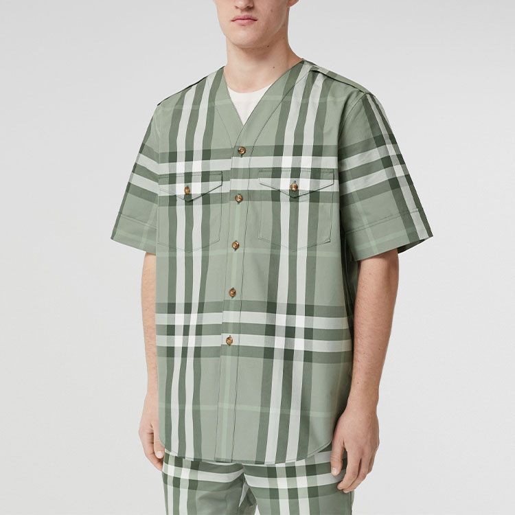 Burberry SS22 Check V-Neck Button-Down Casual Short-Sleeve Shirt Grey-Green Men 80503551 圖 4