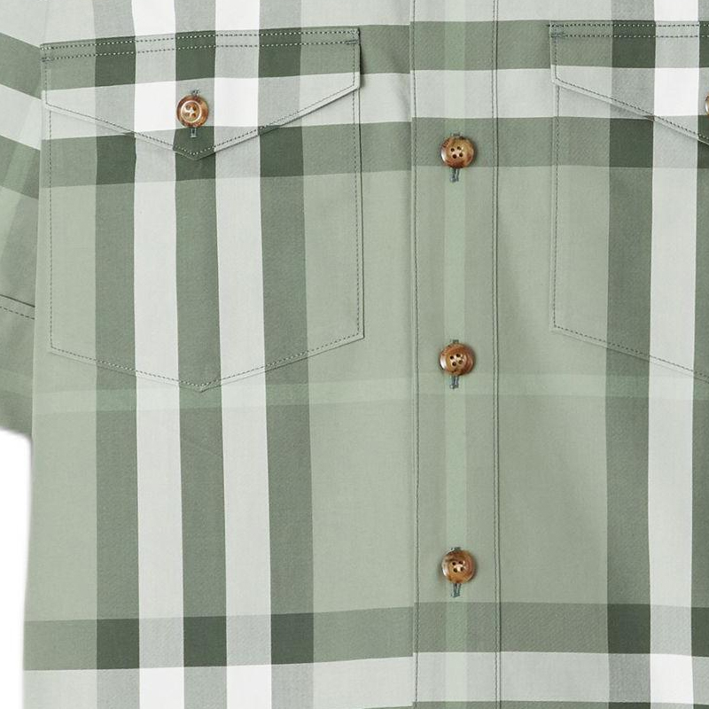 Burberry SS22 Check V-Neck Button-Down Casual Short-Sleeve Shirt Grey-Green Men 80503551 圖 5