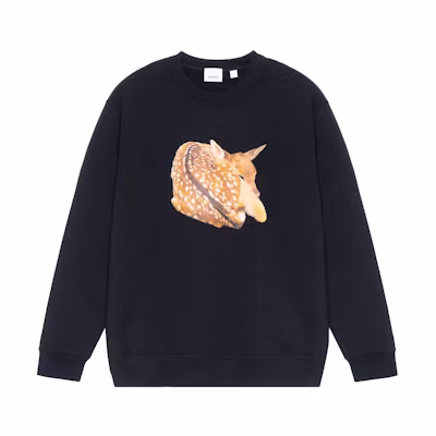 Burberry SS22 Deer Print Crewneck Sweatshirt Regular Fit Black Casualwear 80563131