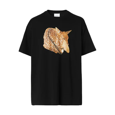 Burberry SS22 Deer Print Loose Fit Cotton Crewneck T-Shirt Black Menswear. 80563111