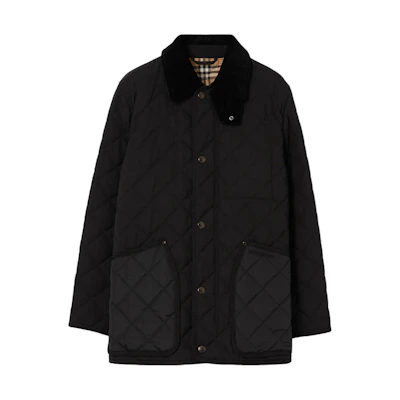 Burberry SS22 Diamond Quilted Corduroy Collar Barn Jacket Black Winter Coat 80491351