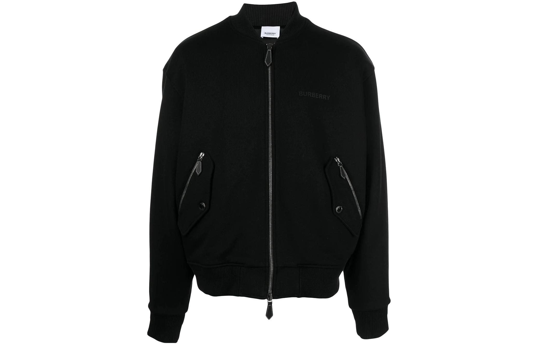 Burberry SS22 Logo Print Solid Zip Pocket Bomber Jacket Black 80507261