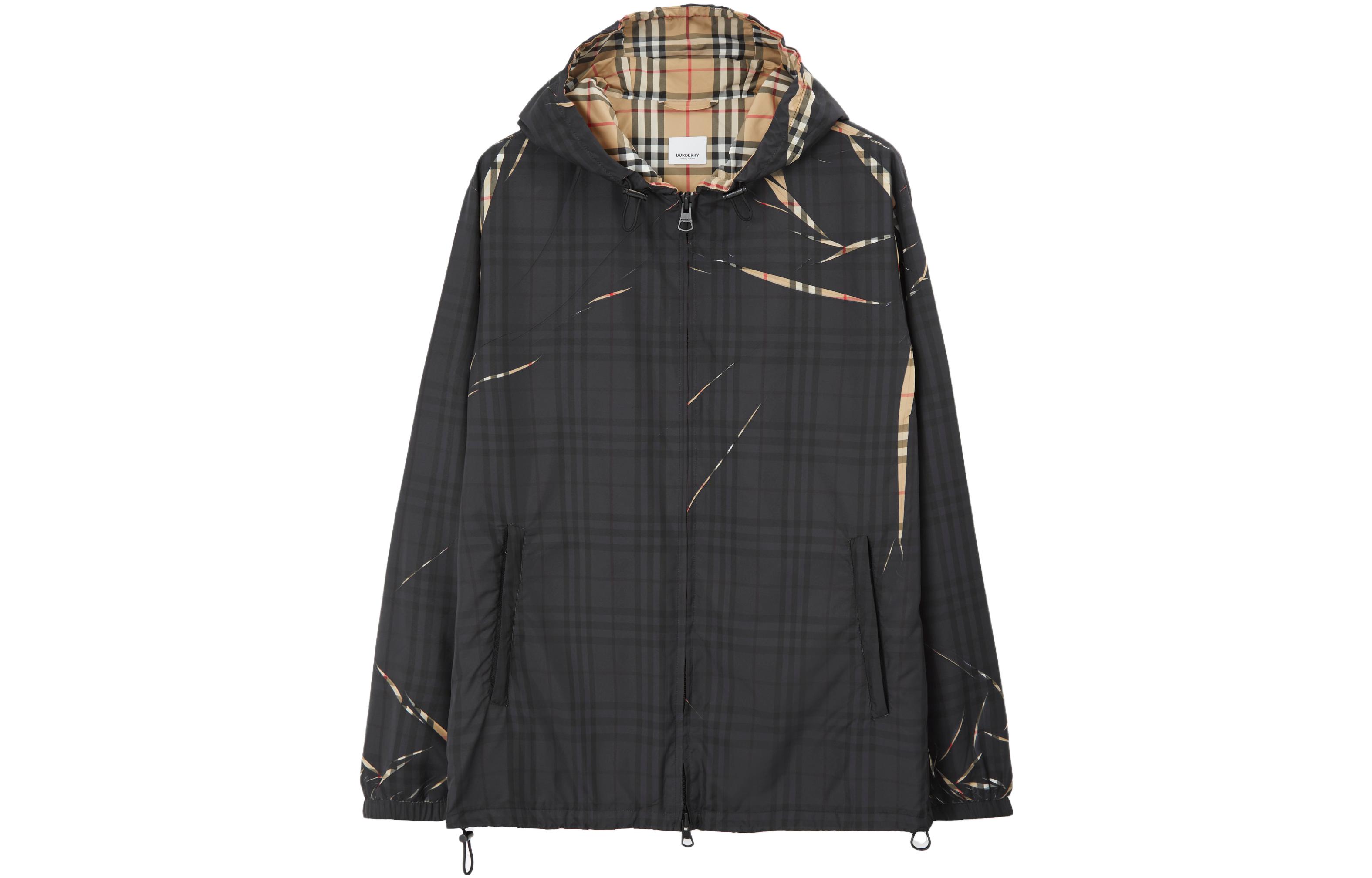Burberry SS23  Black Check Hooded Zip-Up Jacket. 80716551