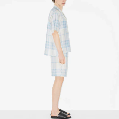 Burberry SS23 Light Sky Blue Check Elastic Waist Straight Shorts 80659571 Purchase Burberry SS23 Light Sky Blue Check Elastic Waist Straight Shorts 80659571