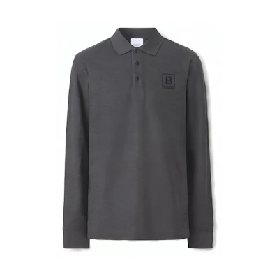Burberry SS23 Solid Color Logo Embroidered Long Sleeve Polo Shirt Grey 80530621