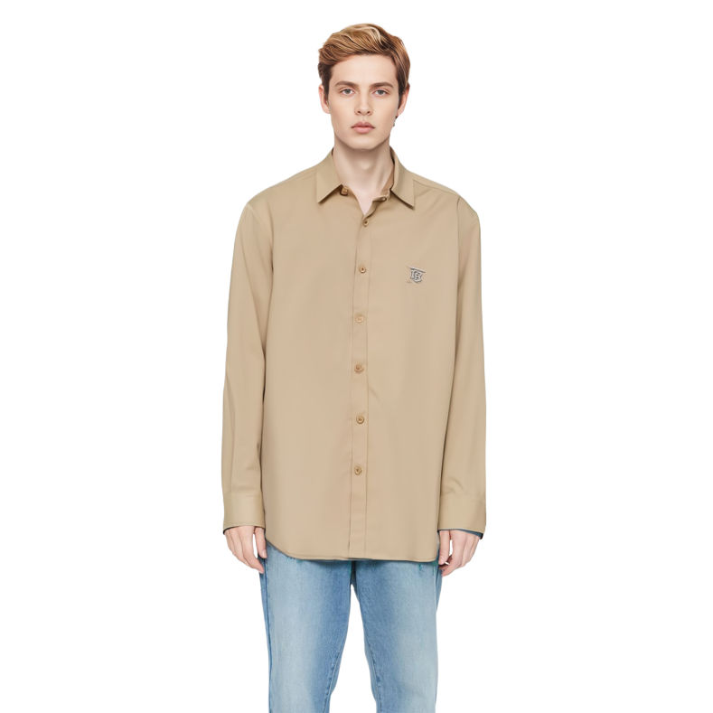 Lookbook Camisa Burberry SS23 Stretch con Logo de Caballero Ecuestre en Camel. 80666221