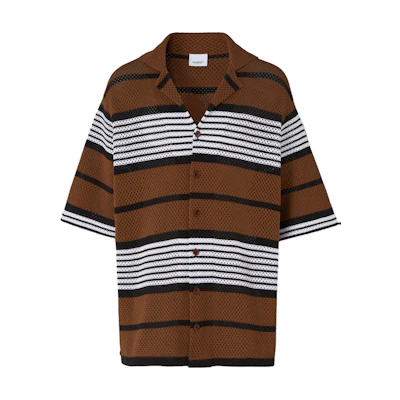 Burberry SS23 Striped Print Cuban Collar Short Sleeve Shirt Dark Birch Brown 80678831