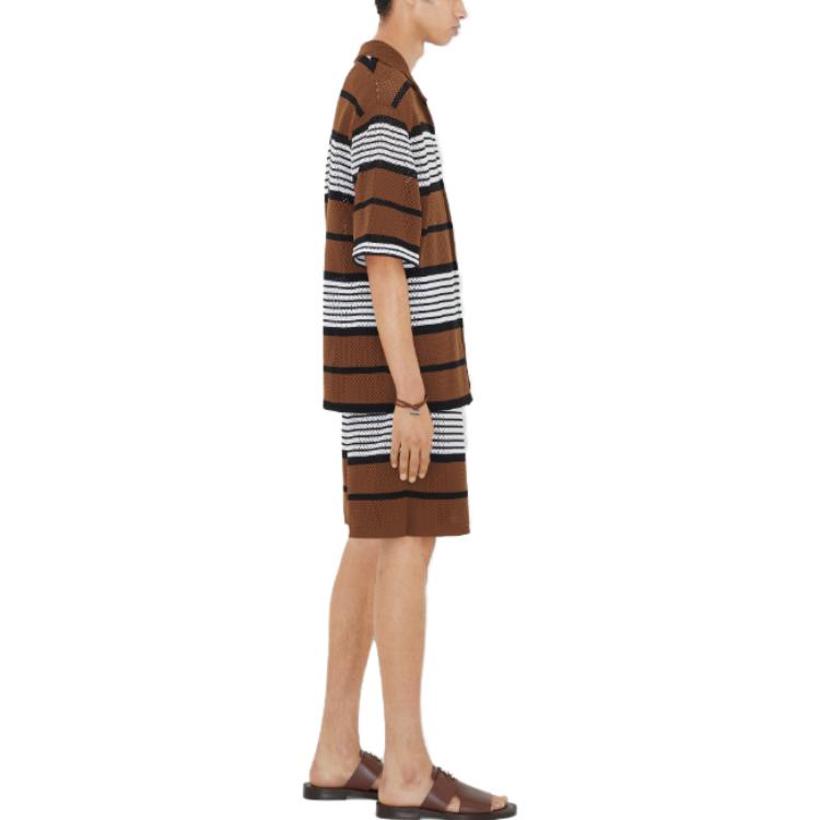 Purchase Burberry SS23  Striped Print Cuban Collar Short Sleeve Shirt Dark Birch Brown 80678831