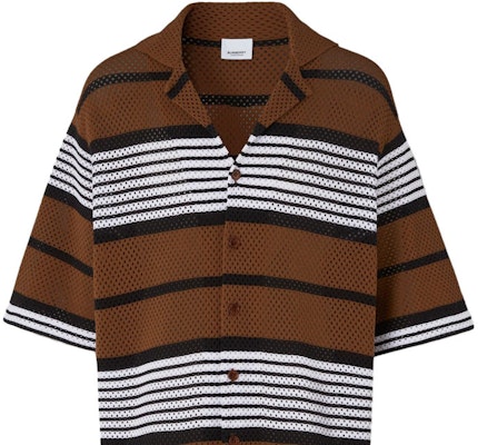 Burberry SS23 Striped Print Cuban Collar Short Sleeve Shirt Dark Birch Brown 80678831 Details for Burberry SS23 Striped Print Cuban Collar Short Sleeve Shirt Dark Birch Brown 80678831