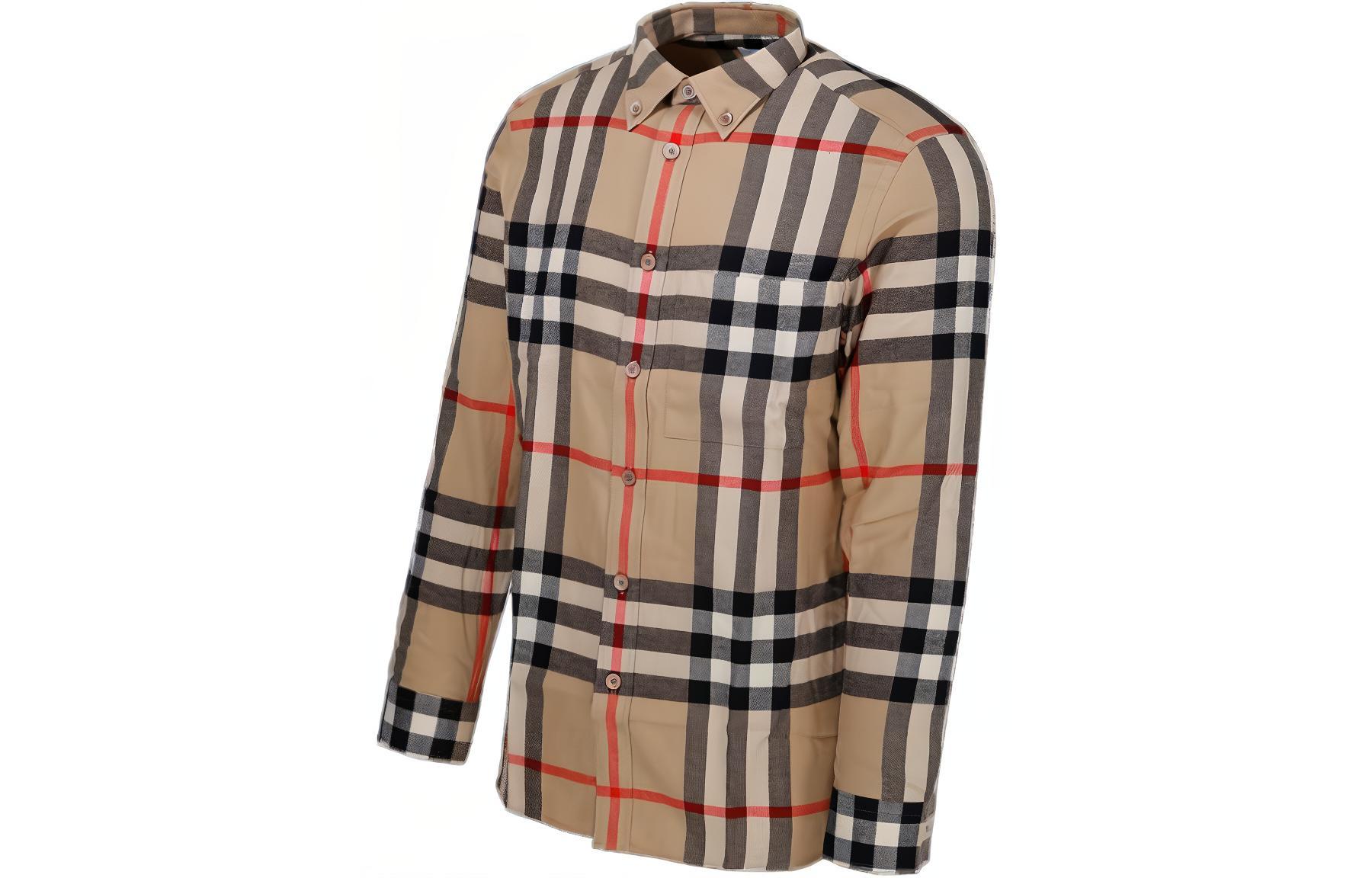 Shop Burberry SS23 米色格紋領長袖扣襯衫 80648811