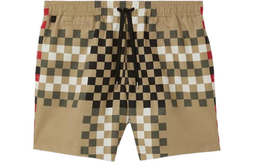 Burberry SS23 Beige Check Print Drawstring Pocket Straight Beach Shorts Men. 80634821