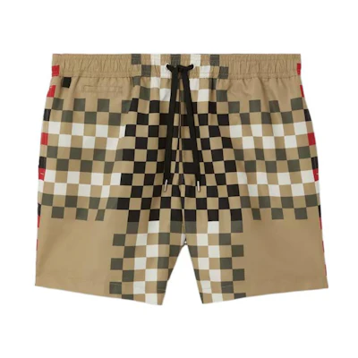 Burberry SS23 Beige Check Print Drawstring Pocket Straight Beach Shorts Men. 80634821