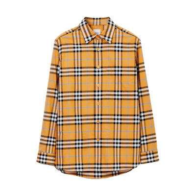 Burberry SS23 Check Long Sleeve Button-Up Shirt Orange Mens. 80715231