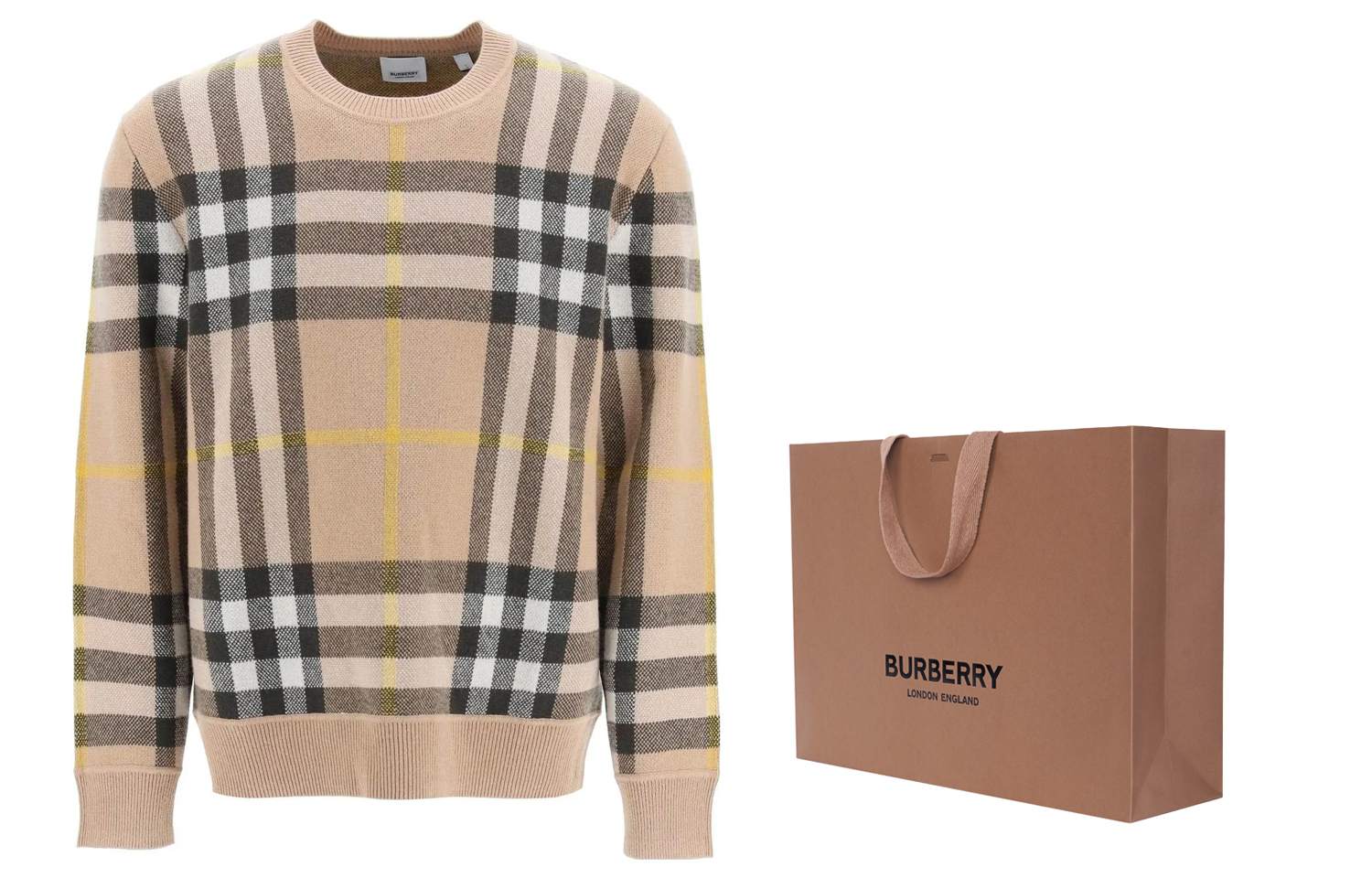 Details for Burberry SS23 Classic Check Print Crewneck Long Sleeve Sweater Men’s Khaki 8054920-B2412