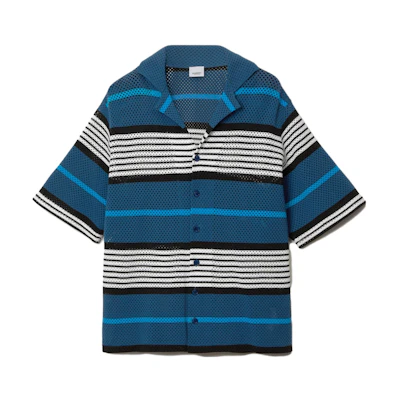 Burberry SS23 Striped Print Cuban Collar Short Sleeve Shirt Navy Blue Men. 80678821