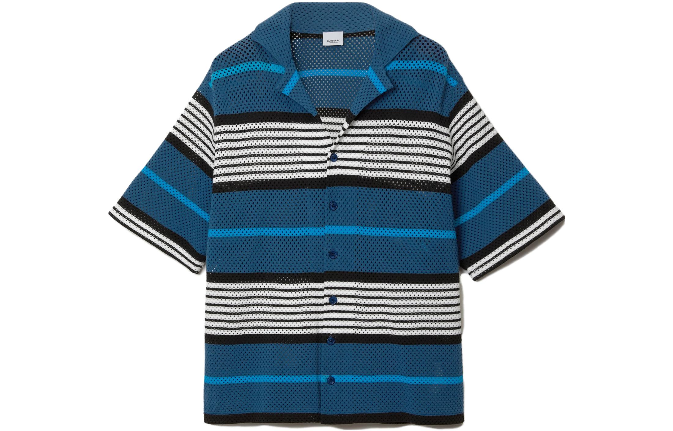 Order Burberry SS23 Kemeja Berkolar Cuban Lengan Pendek Corak Jalur Navy Biru Lelaki. 80678821
