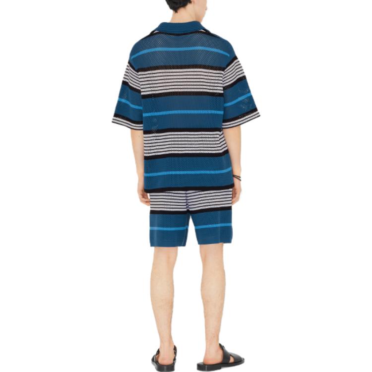Shop Burberry SS23 Kemeja Berkolar Cuban Lengan Pendek Corak Jalur Navy Biru Lelaki. 80678821
