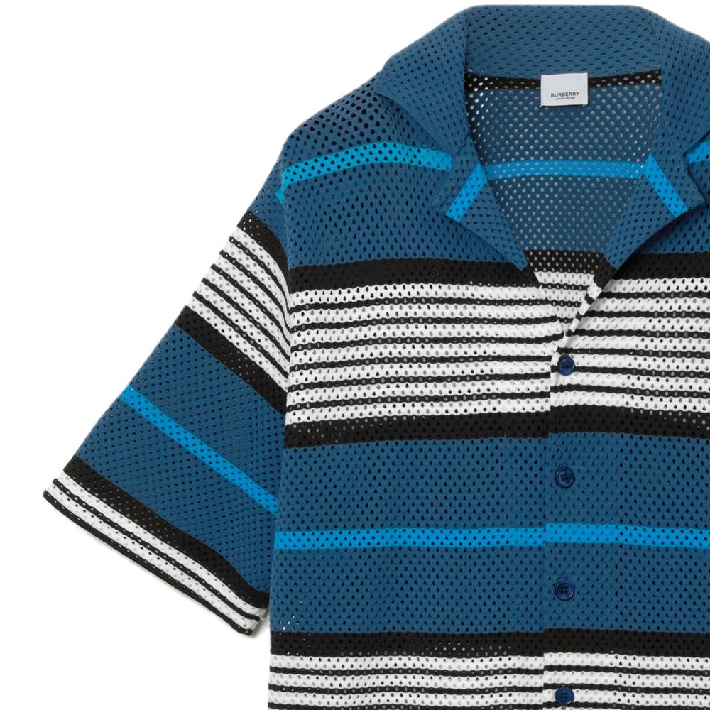 Details for Burberry SS23 Kemeja Berkolar Cuban Lengan Pendek Corak Jalur Navy Biru Lelaki. 80678821