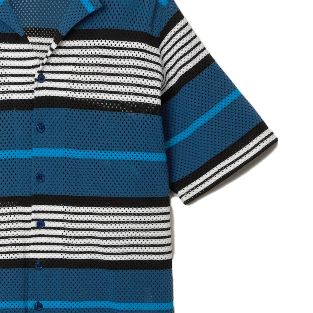 Sizing Burberry SS23 Kemeja Berkolar Cuban Lengan Pendek Corak Jalur Navy Biru Lelaki. 80678821