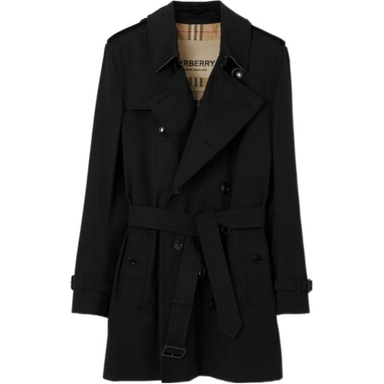Buy Burberry SS24  Black Double-Breasted Short Trench Coat with Belt. 80793891