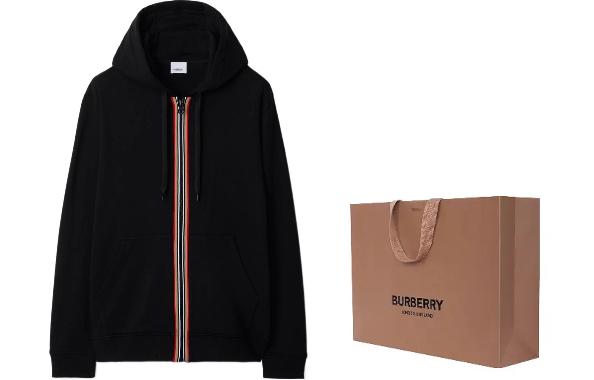 Shop Burberry SS24 黑色标志拉链连帽衫，带抽绳和贴袋. 80844281