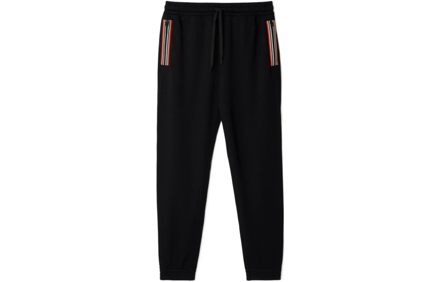 Order Burberry SS24 Seluar Jogger Knit Hitam Bergaris dengan Tali Serut. 80878691