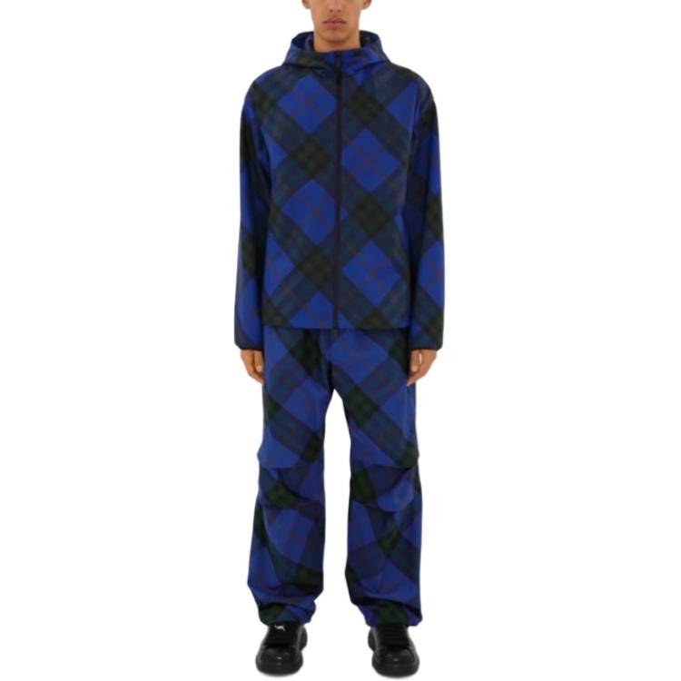 Shop Burberry SS24 藍色格紋連帽拉鍊外套 80836181
