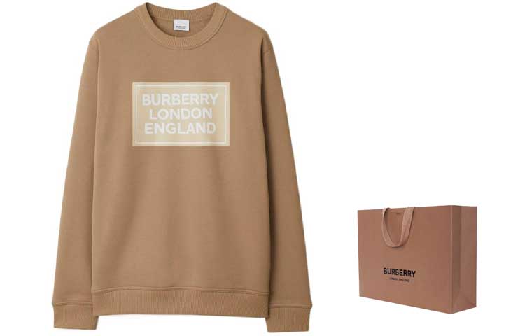 Shop Burberry SS24  Camel Letter Logo Crewneck Long Sleeve Sweatshirt 80843421