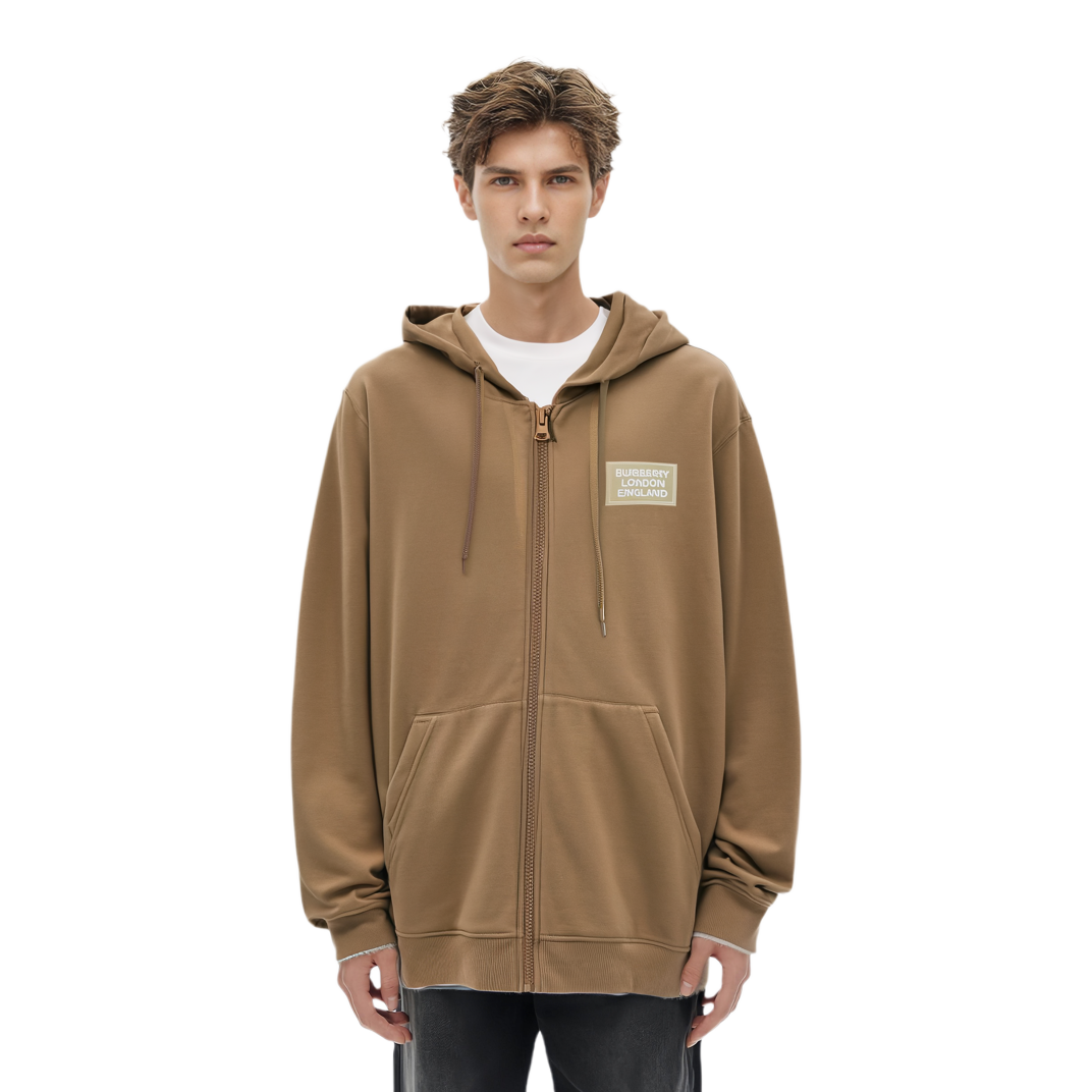 Shop 博柏利 SS24 驼色字母印花拉链连帽衫. 80843461