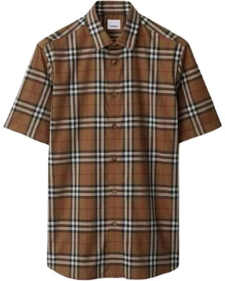 버버리 SS24 체크 프린트 반소매 캐주얼 셔츠 카키 80846901 Buy 버버리 SS24 체크 프린트 반소매 캐주얼 셔츠 카키 80846901