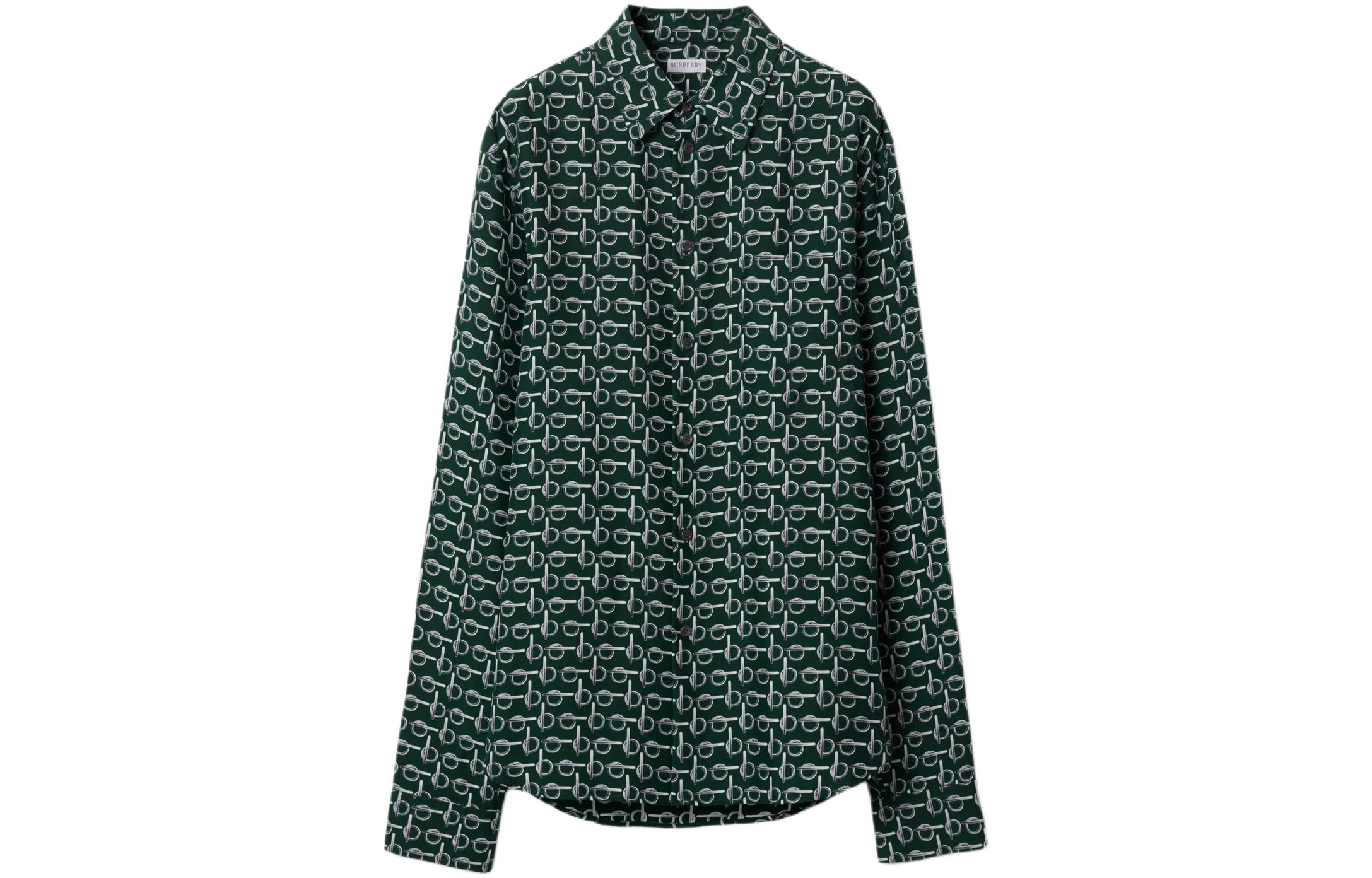 Buy Burberry SS24  Green Print Shirt with B-Buckle and Pointed Collar. 80878531
