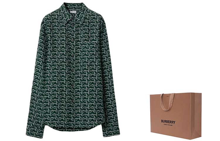 Shop Burberry SS24  Green Print Shirt with B-Buckle and Pointed Collar. 80878531
