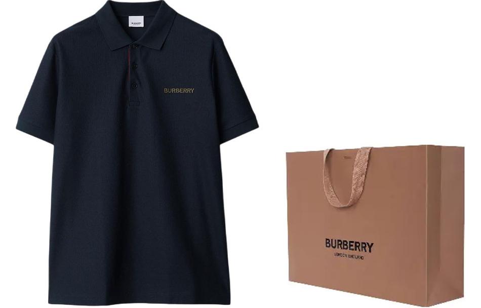 Shop Burberry SS24 Baju Polo Navy Blue dengan Logo Sulaman. 80844371