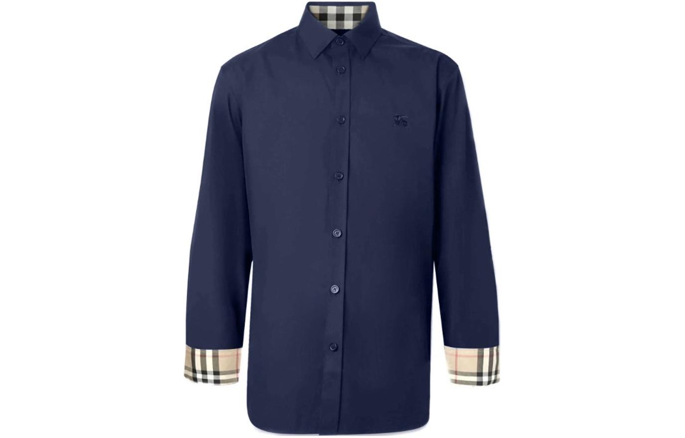 Burberry SS24  Navy Blue Logo Embroidered Long Sleeve Shirt. 80667651