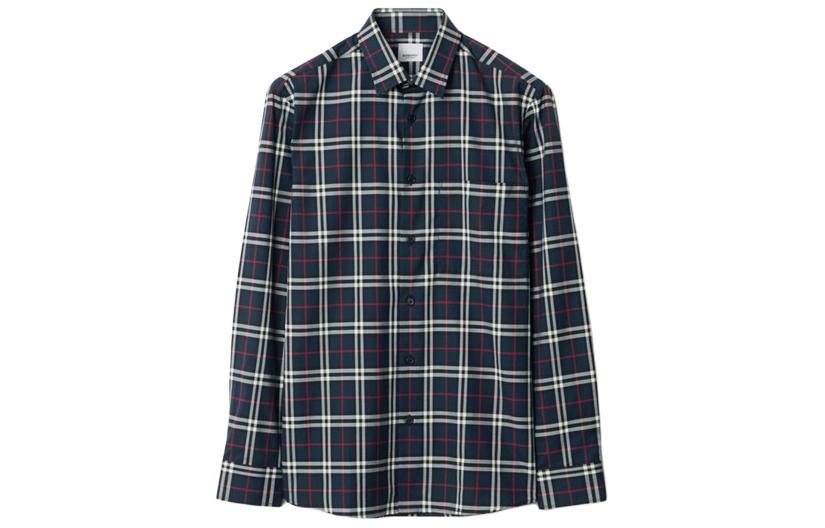 Burberry SS24  Navy Slim-Fit Check Print Long-Sleeve Shirt. 80732201