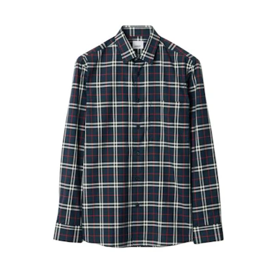 Burberry SS24 Navy Slim-Fit Check Print Long-Sleeve Shirt. 80732201
