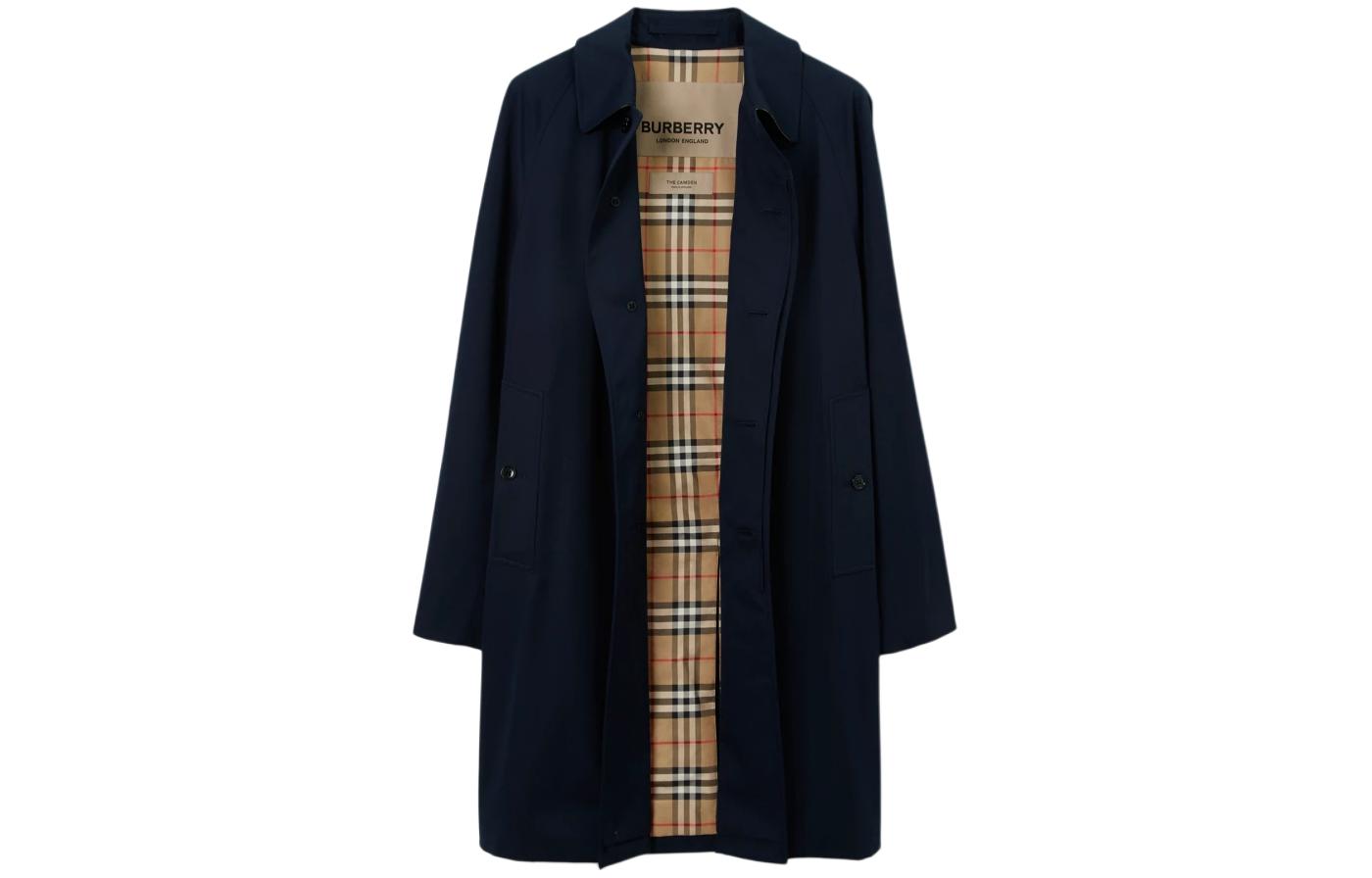 Burberry SS24  Solid Button-Up Collar Long Coat Navy Blue 80793951